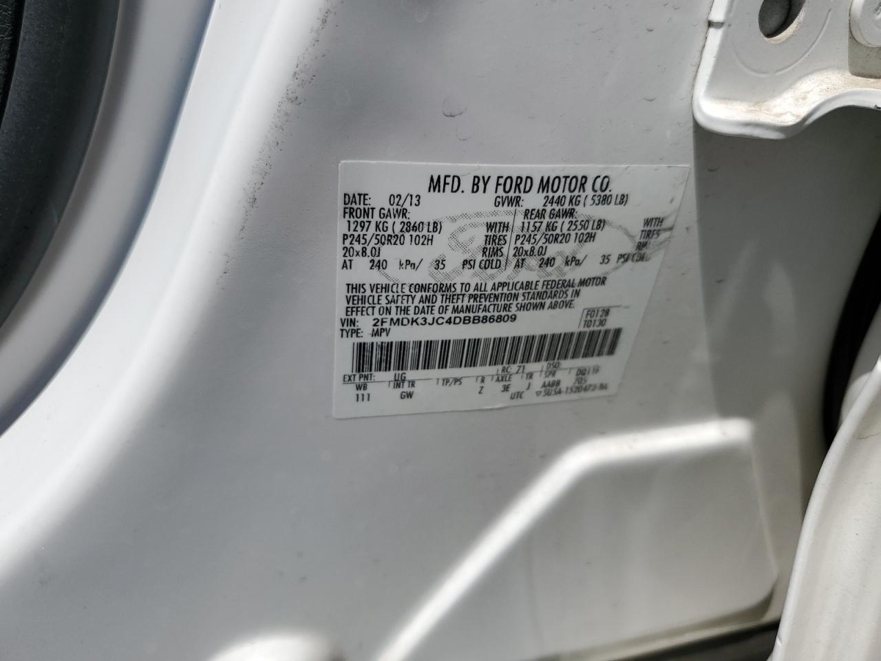 2013 Ford Edge Sel VIN: 2FMDK3JC4DBB86809 Lot: 65403195