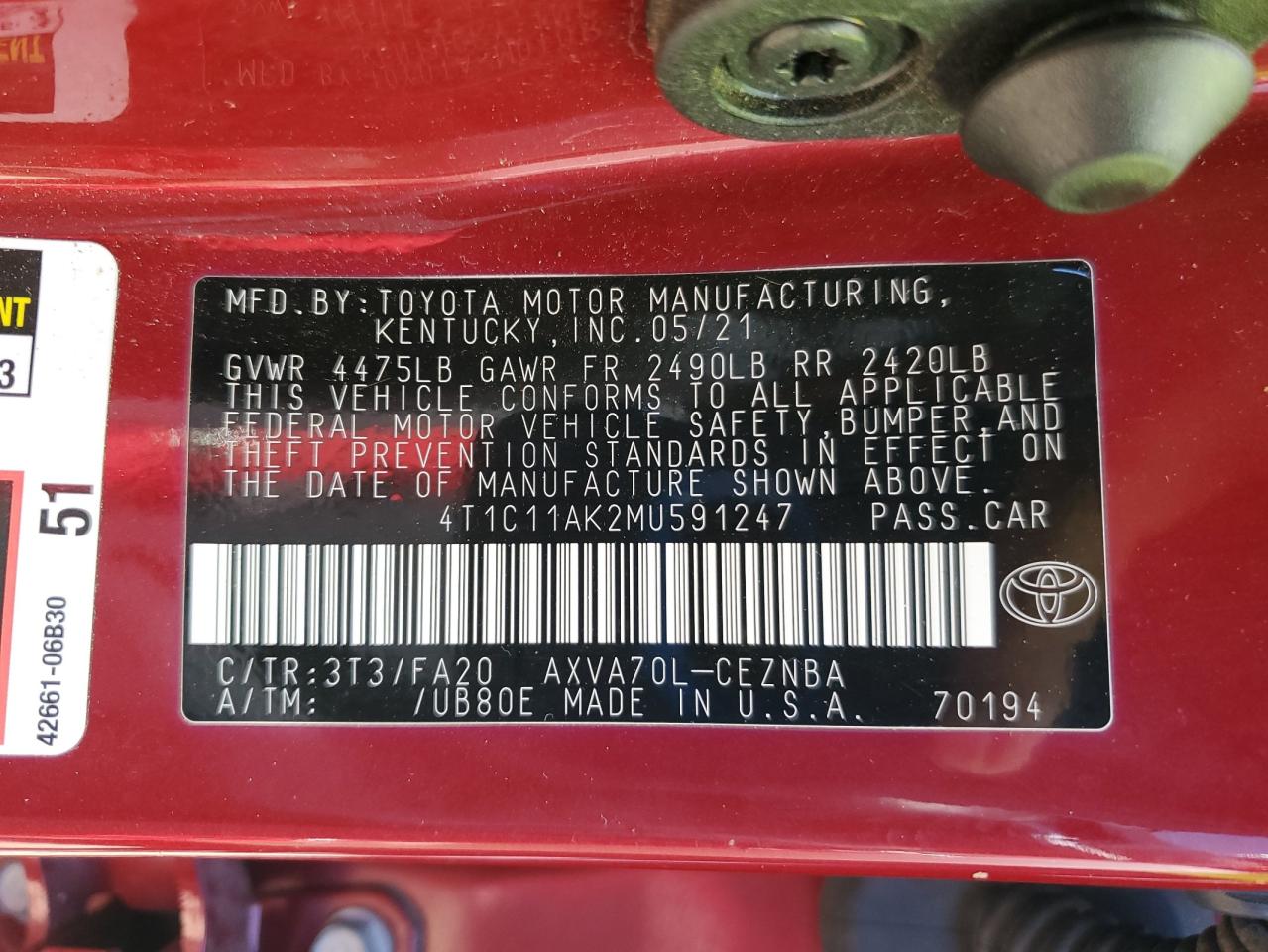 4T1C11AK2MU591247 2021 Toyota Camry Le