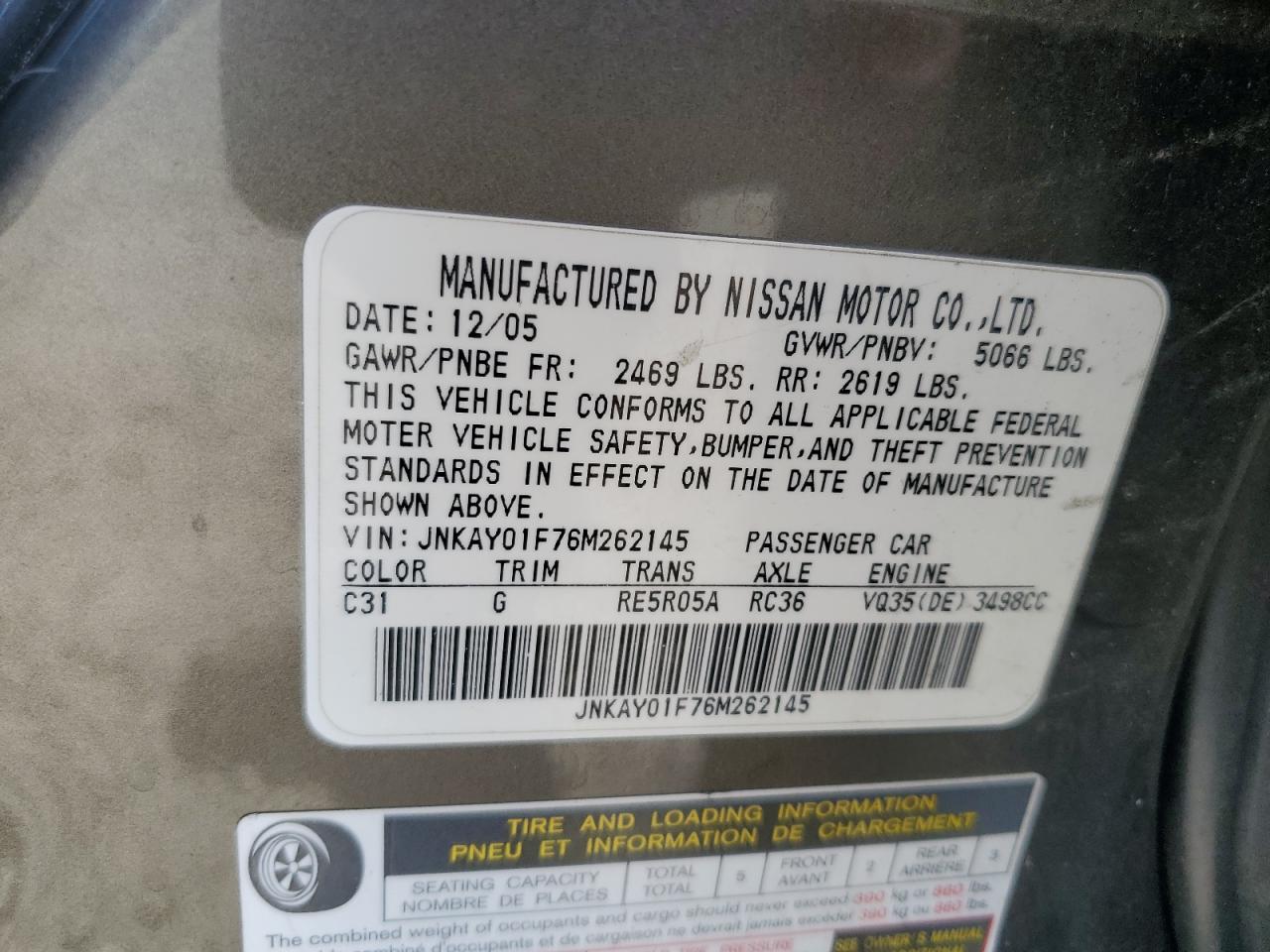 2006 Infiniti M35 Base VIN: JNKAY01F76M262145 Lot: 64446895