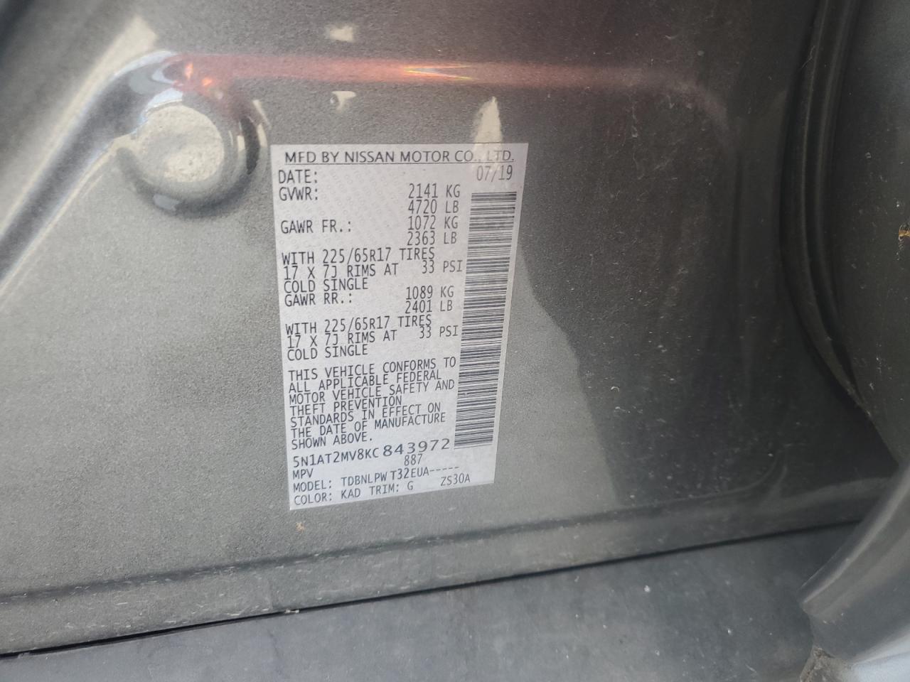 5N1AT2MV8KC843972 2019 Nissan Rogue S