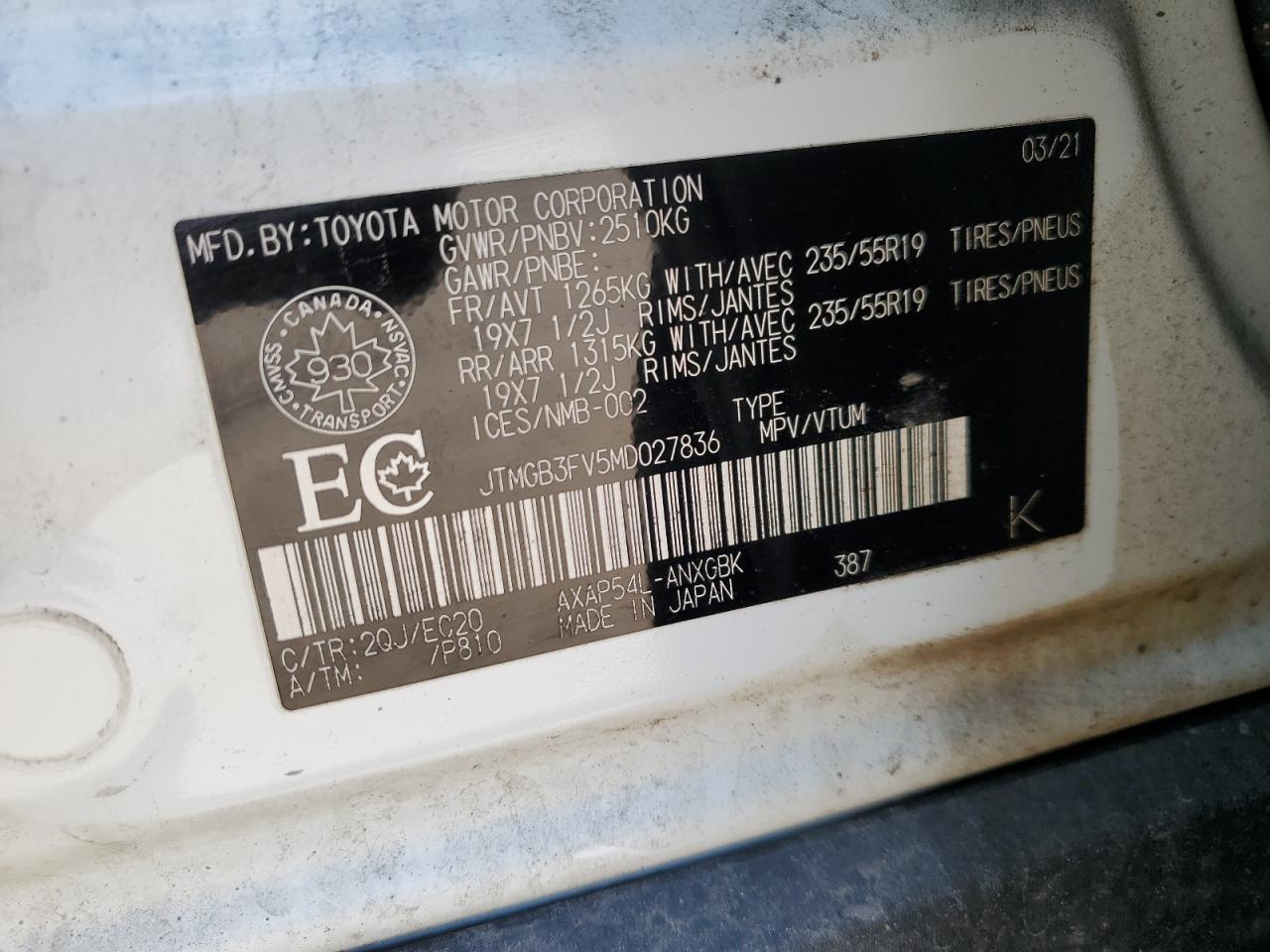 2021 Toyota Rav4 Prime Se VIN: JTMGB3FV5MD027836 Lot: 63672955