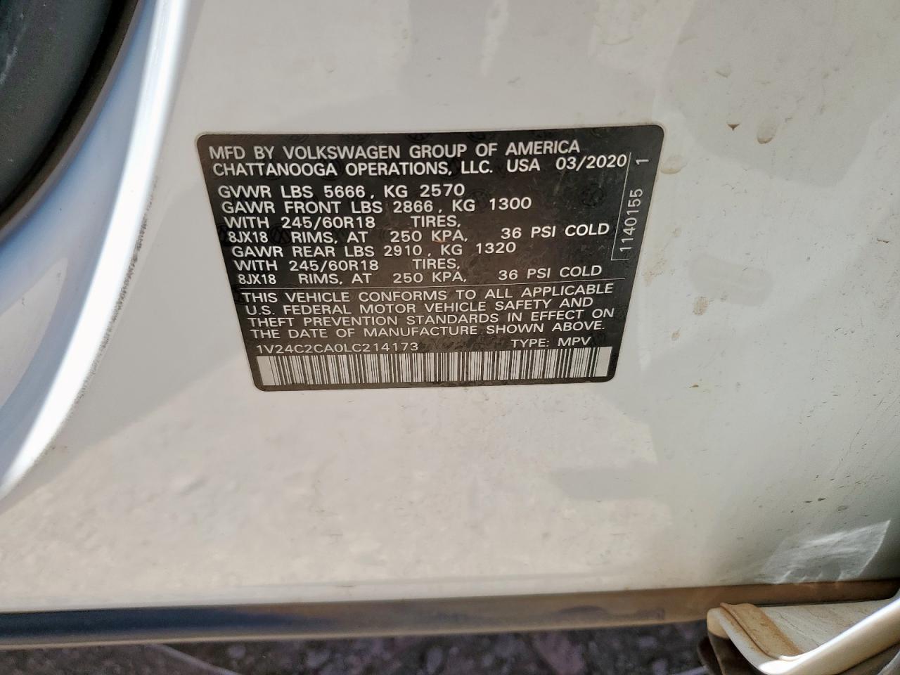 1v24c2ca0lc214173 1V24C2CA0LC214173 2020 Volkswagen Atlas Cross Sport Se