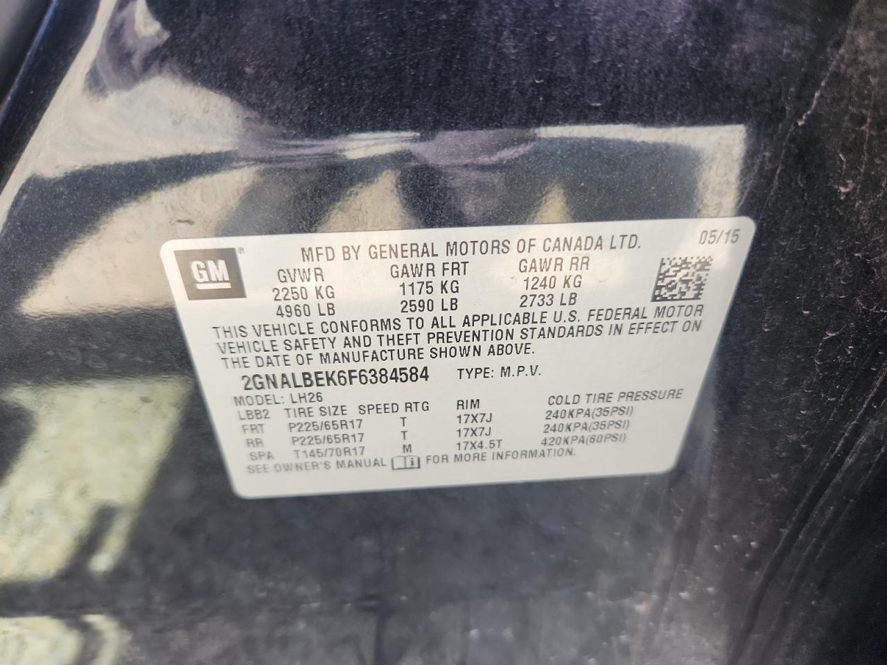 2015 Chevrolet Equinox Lt VIN: 2GNALBEK6F6384584 Lot: 64967935