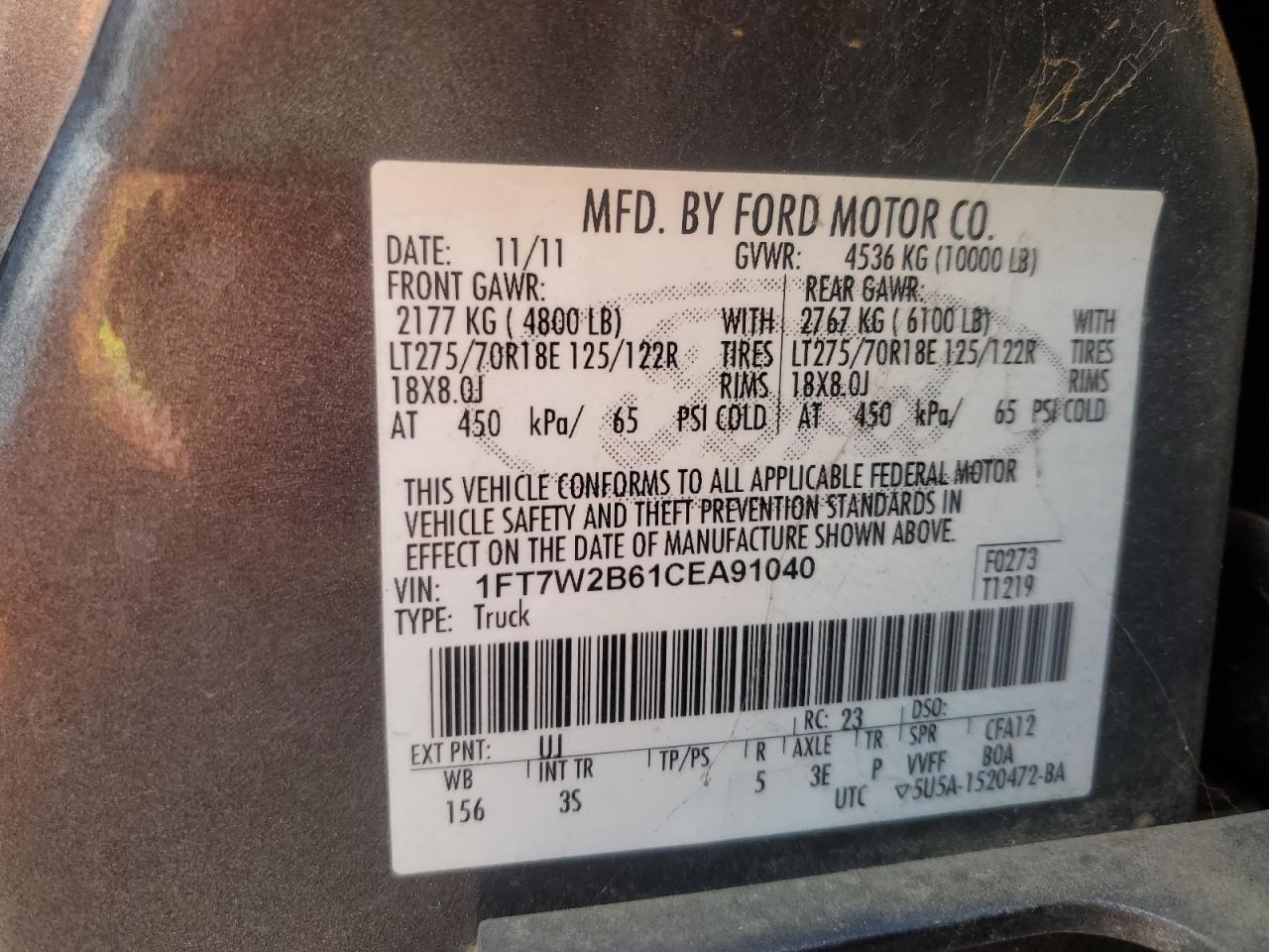 2012 Ford F250 Super Duty VIN: 1FT7W2B61CEA91040 Lot: 64636255