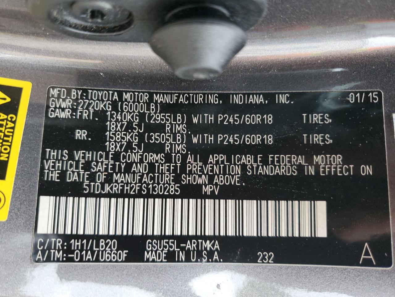 2015 Toyota Highlander Xle VIN: 5TDJKRFH2FS130285 Lot: 66036895