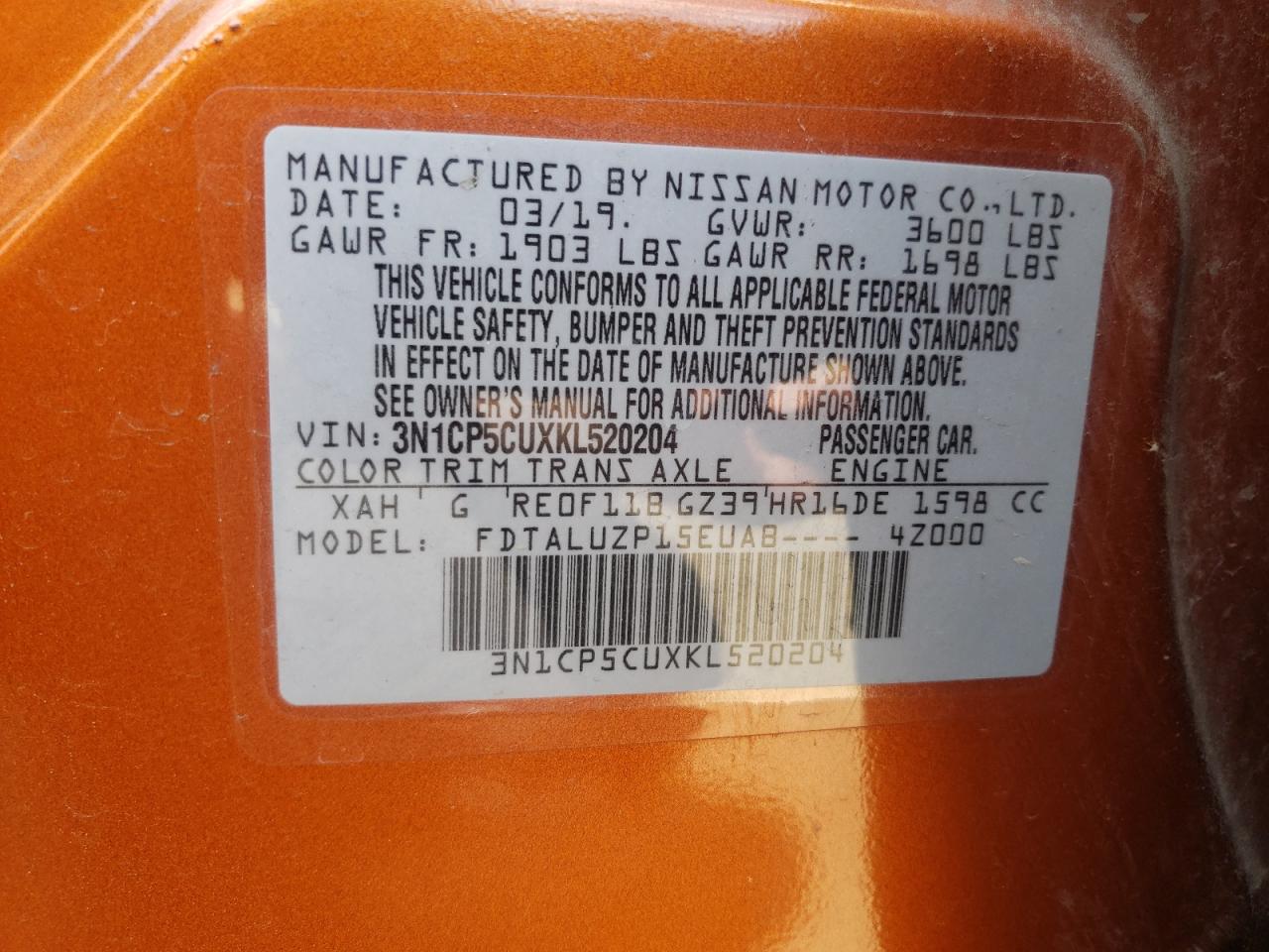 2019 Nissan Kicks S VIN: 3N1CP5CUXKL520204 Lot: 63268105