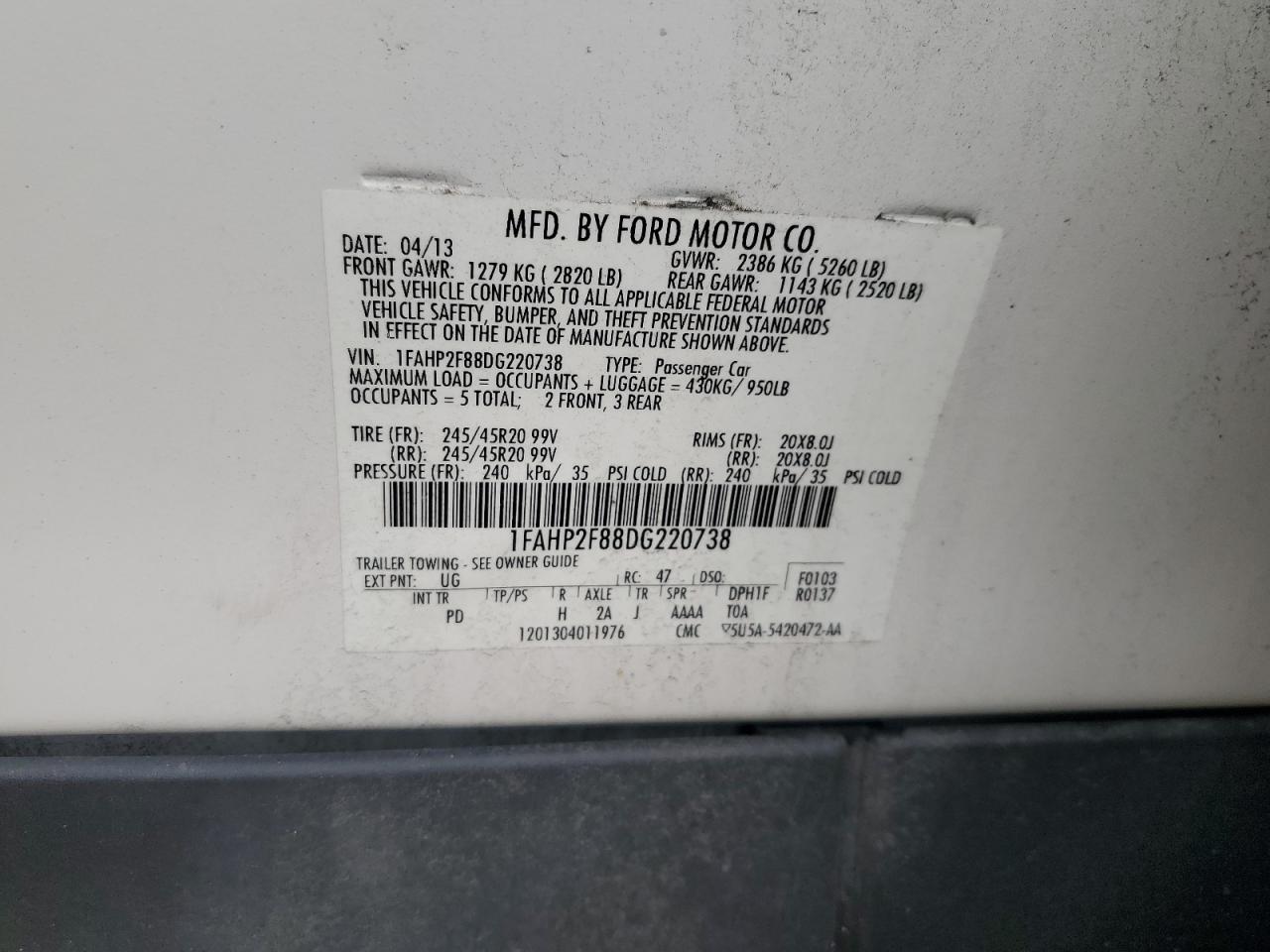 2013 Ford Taurus Limited VIN: 1FAHP2F88DG220738 Lot: 64735155