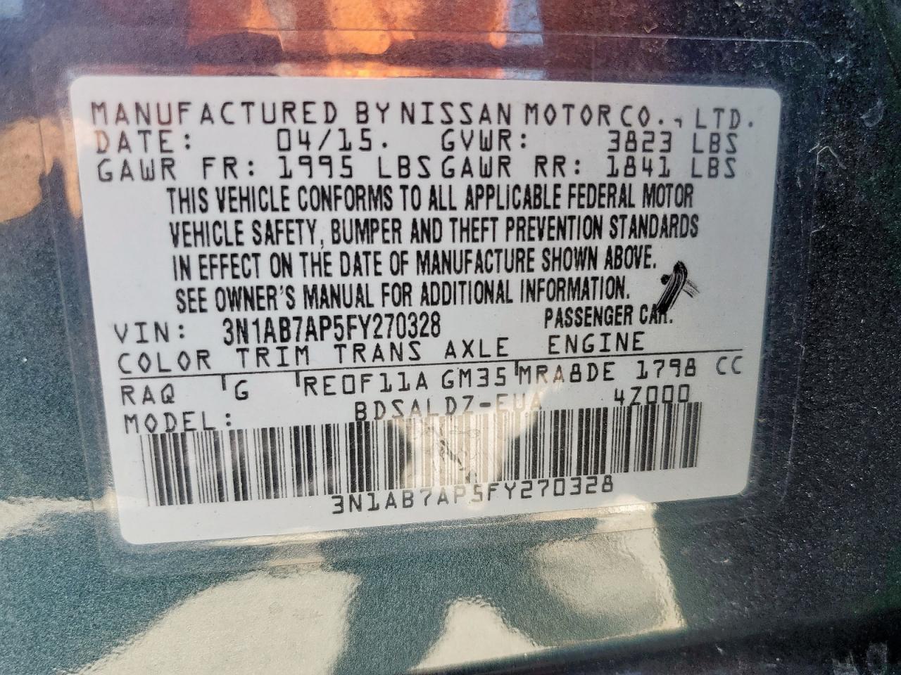 3n1ab7ap5fy270328 3N1AB7AP5FY270328 2015 Nissan Sentra S
