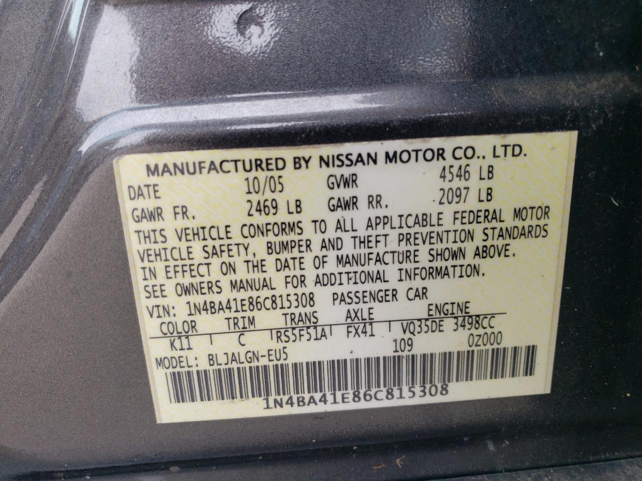 2006 Nissan Maxima Se VIN: 1N4BA41E86C815308 Lot: 65187865