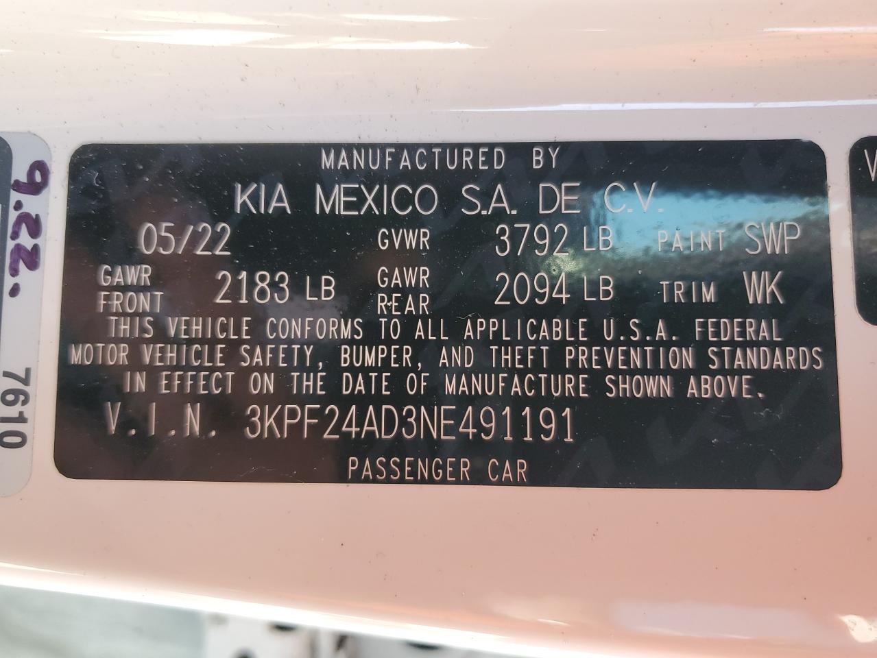 2022 Kia Forte Fe VIN: 3KPF24AD3NE491191 Lot: 65147625