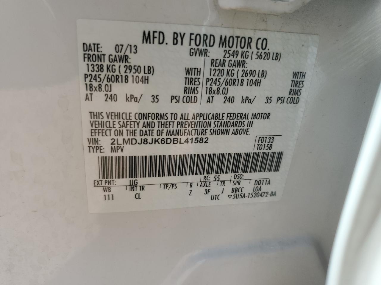 2013 Lincoln Mkx VIN: 2LMDJ8JK6DBL41582 Lot: 63301485