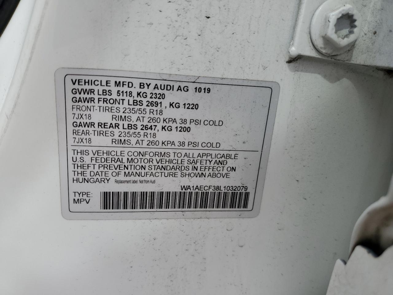2020 Audi Q3 Premium VIN: WA1AECF38L1032079 Lot: 62485635