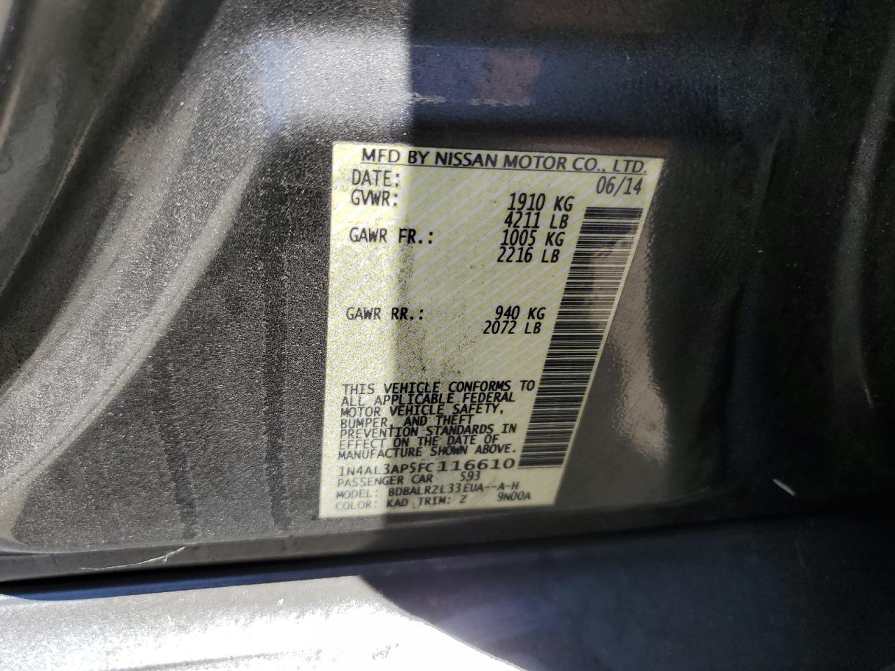 2015 Nissan Altima 2.5 VIN: 1N4AL3AP5FC116610 Lot: 64144855