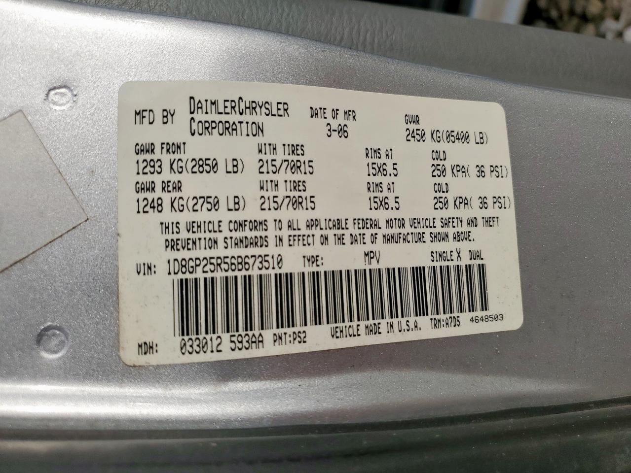 2006 Dodge Caravan Se VIN: 1D8GP25R56B673510 Lot: 64731065