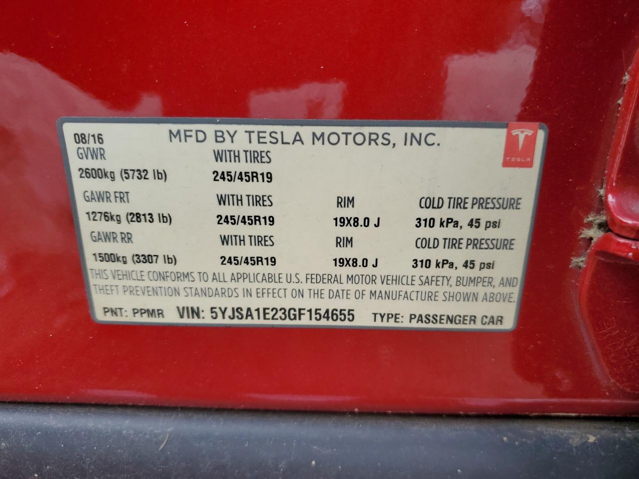 2016 Tesla Model S VIN: 5YJSA1E23GF154655 Lot: 64904555