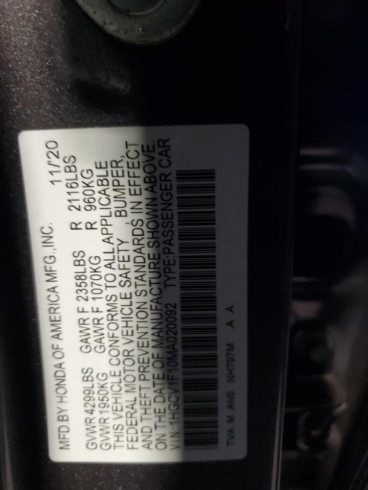 2021 Honda Accord Lx VIN: 1HGCV1F10MA020092 Lot: 63346945
