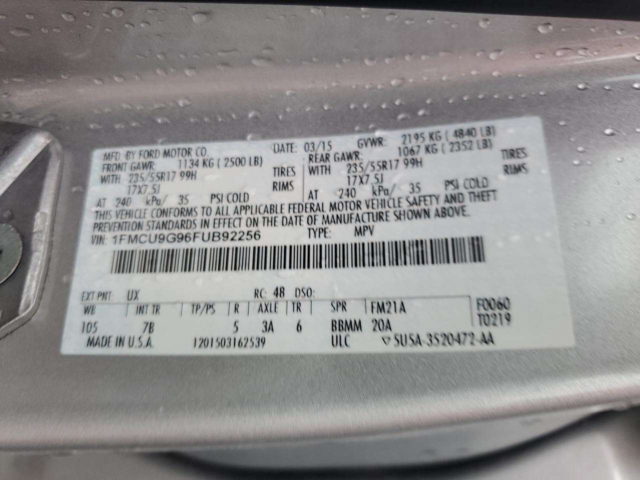 2015 Ford Escape Se VIN: 1FMCU9G96FUB92256 Lot: 66437315