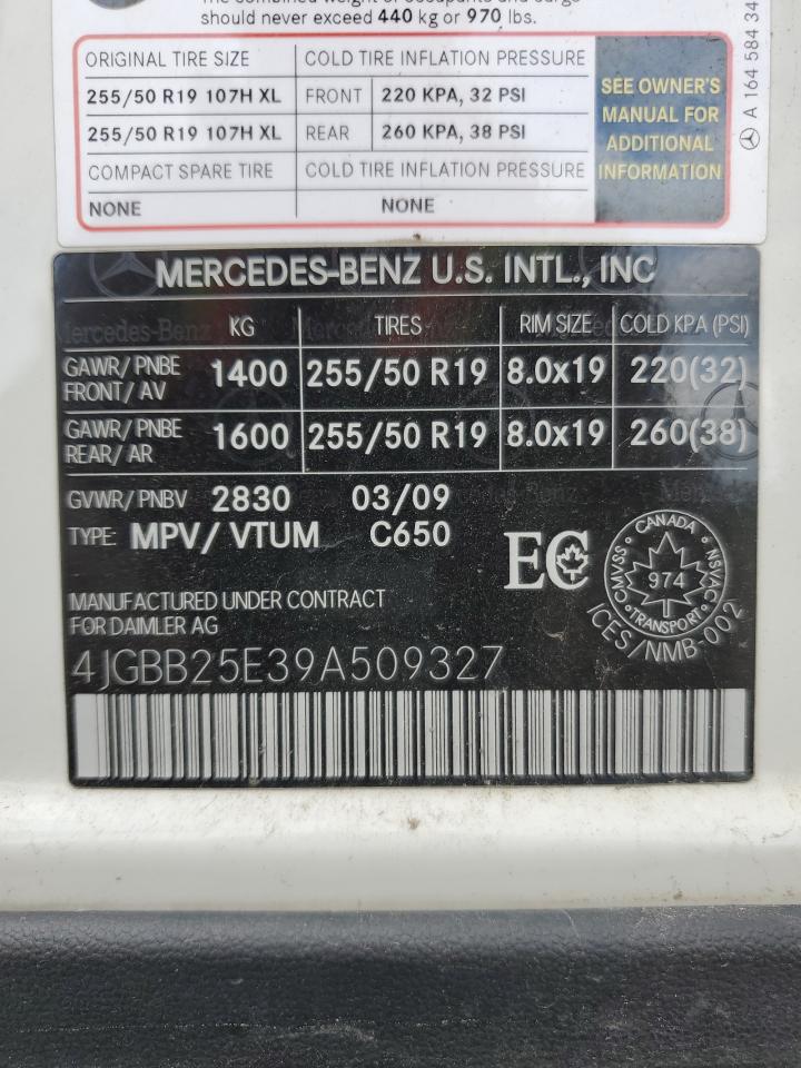 2009 Mercedes-Benz Ml VIN: 4JGBB25E39A509327 Lot: 63915135