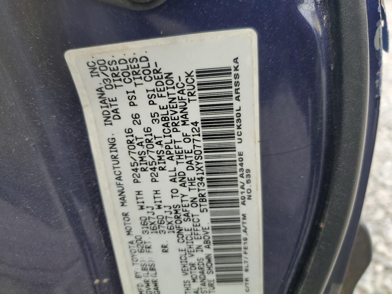 2000 Toyota Tundra Access Cab VIN: 5TBRT341XYS077124 Lot: 62925605