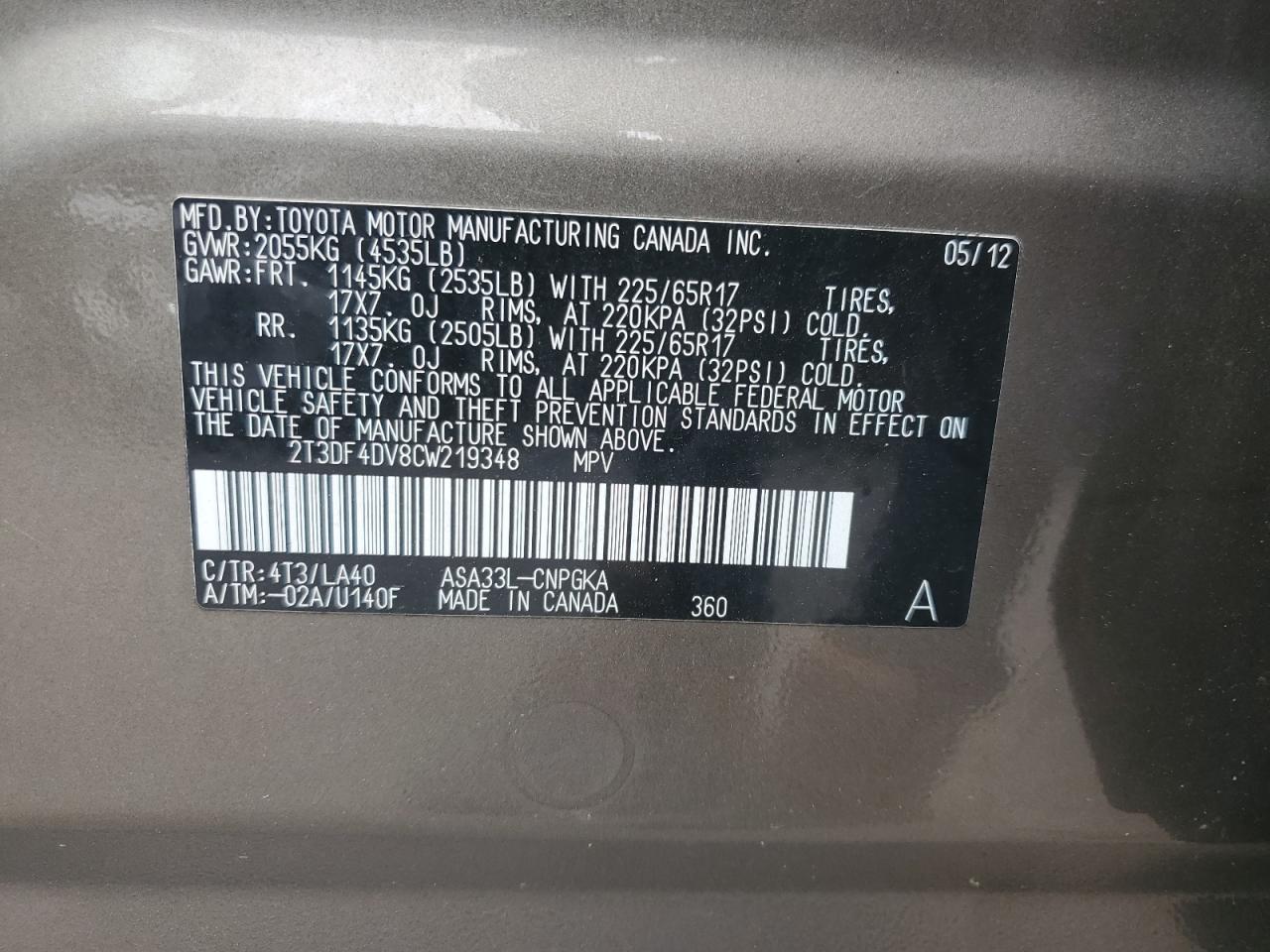 2012 Toyota Rav4 Limited VIN: 2T3DF4DV8CW219348 Lot: 65722165