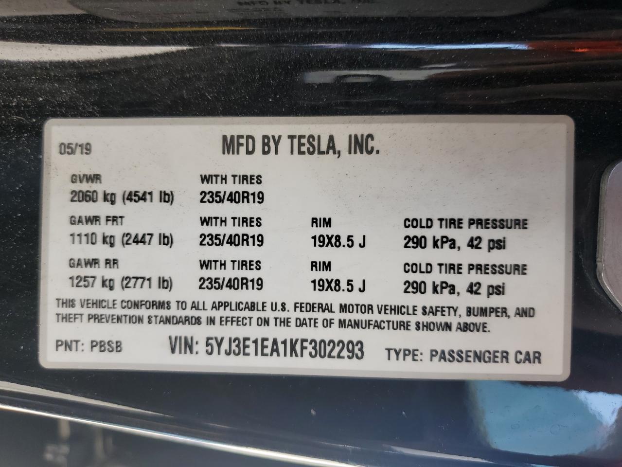 2019 Tesla Model 3 VIN: 5YJ3E1EA1KF302293 Lot: 65014765