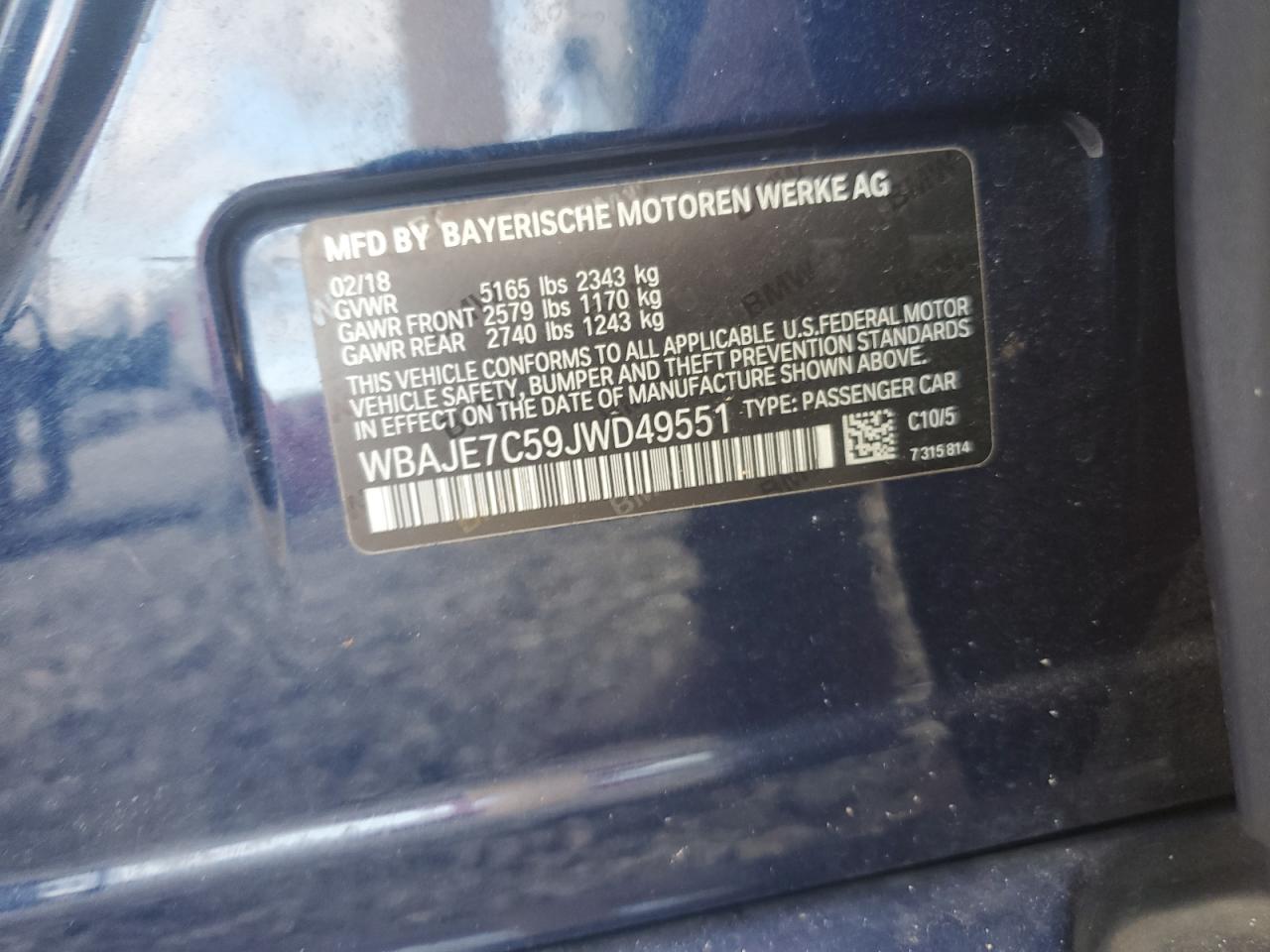 2018 BMW 540 Xi VIN: WBAJE7C59JWD49551 Lot: 63148135