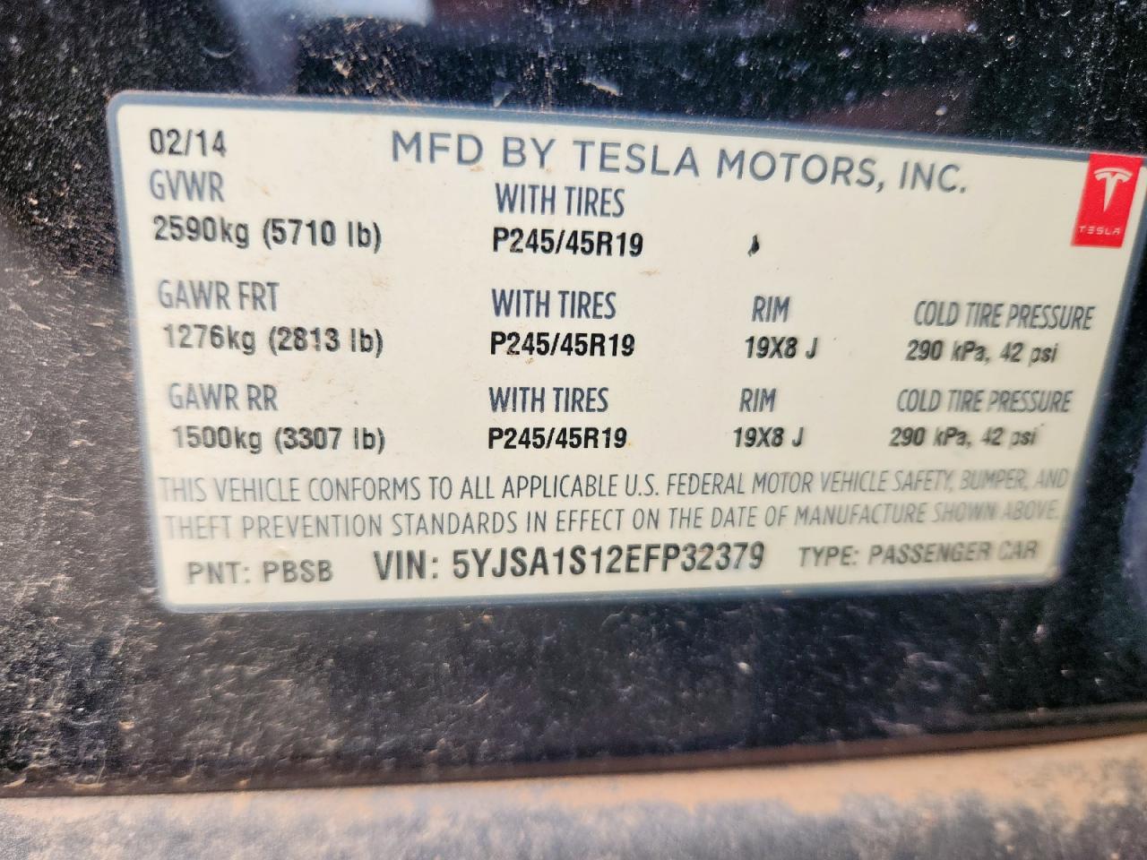 2014 Tesla Model S VIN: 5YJSA1S12EFP32379 Lot: 61994595