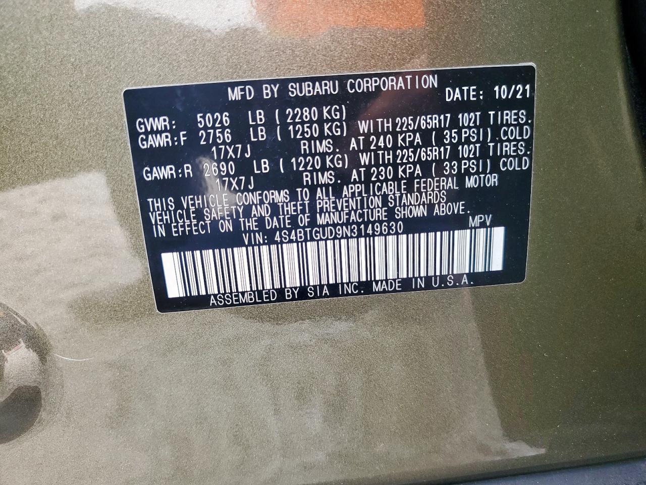 2022 Subaru Outback Wilderness VIN: 4S4BTGUD9N3149630 Lot: 65573205