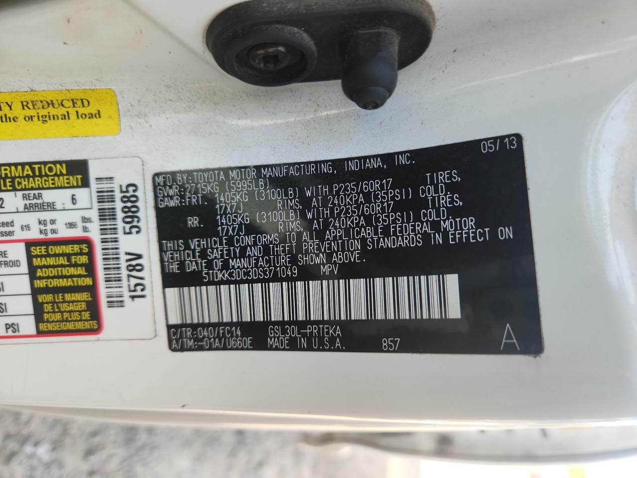2013 Toyota Sienna Le VIN: 5TDKK3DC3DS371049 Lot: 64221755