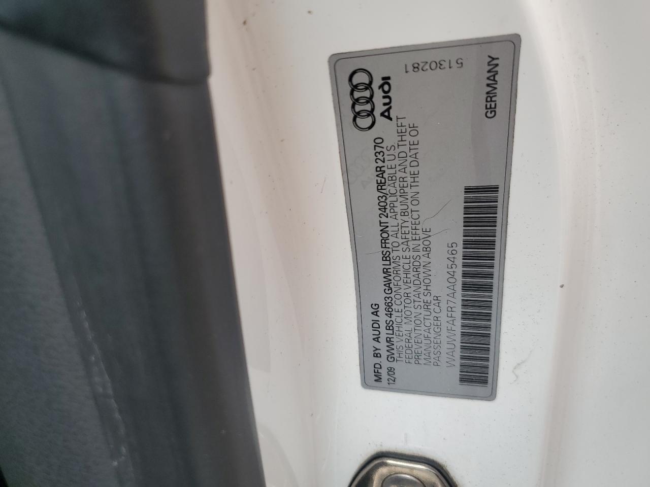 2010 Audi A5 Prestige VIN: WAUWFAFR7AA045465 Lot: 64953705