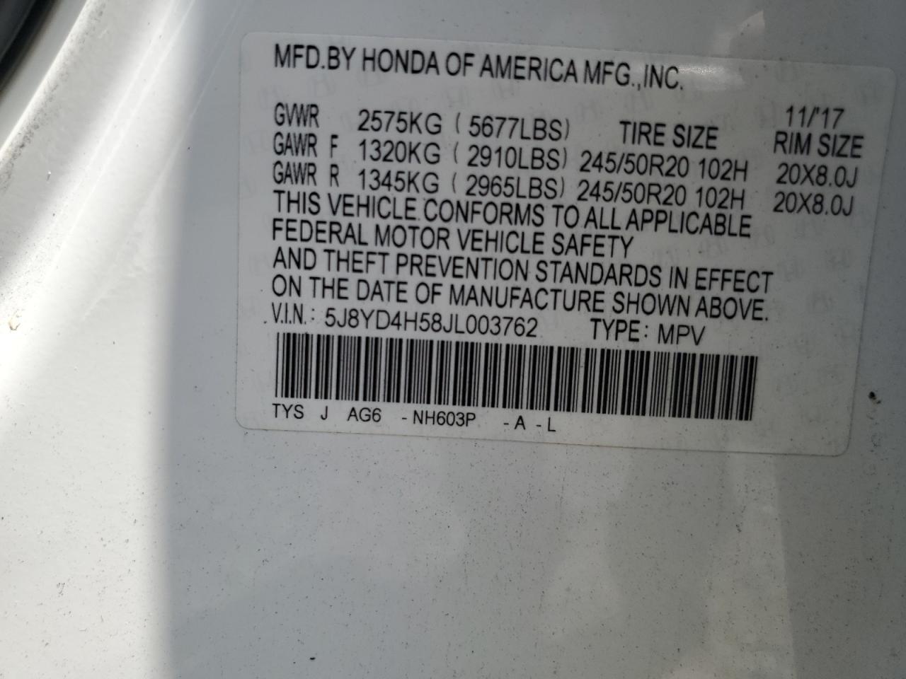 2018 Acura Mdx Technology VIN: 5J8YD4H58JL003762 Lot: 63100075