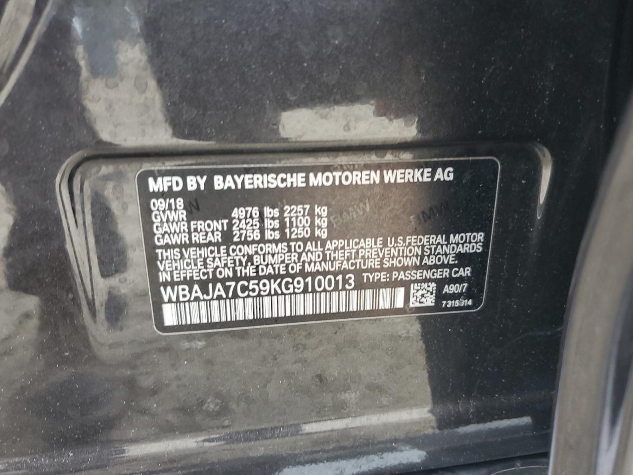 2019 BMW 530 Xi VIN: WBAJA7C59KG910013 Lot: 63036335