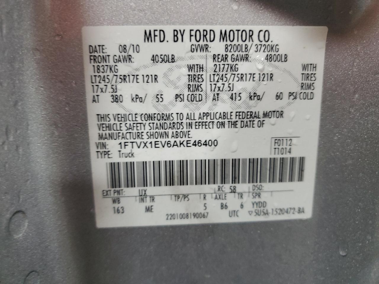 2010 Ford F150 Super Cab VIN: 1FTVX1EV6AKE46400 Lot: 63110875