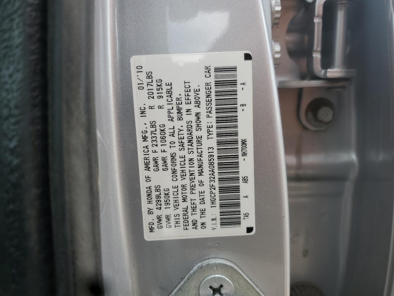 2010 Honda Accord Lx VIN: 1HGCP2F32AA085913 Lot: 63999635