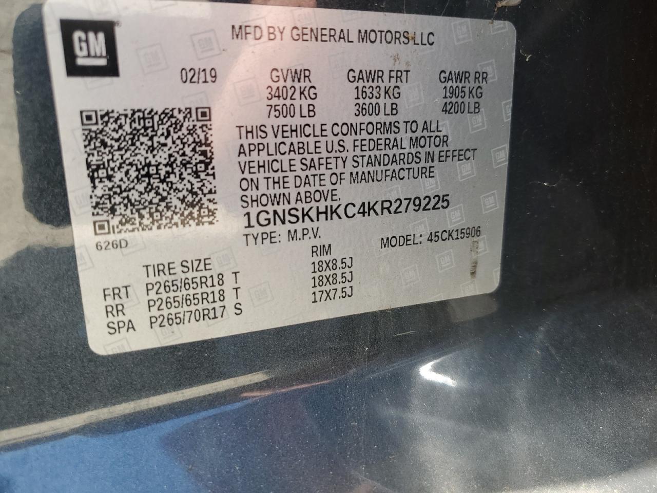 2019 Chevrolet Suburban K1500 Lt VIN: 1GNSKHKC4KR279225 Lot: 62510005