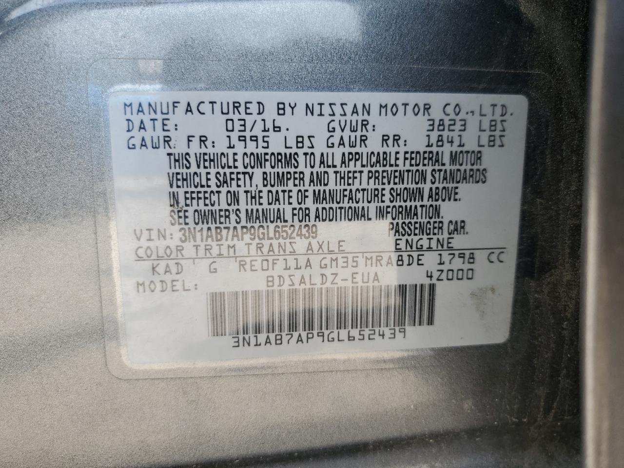 3N1AB7AP9GL652439 2016 Nissan Sentra S