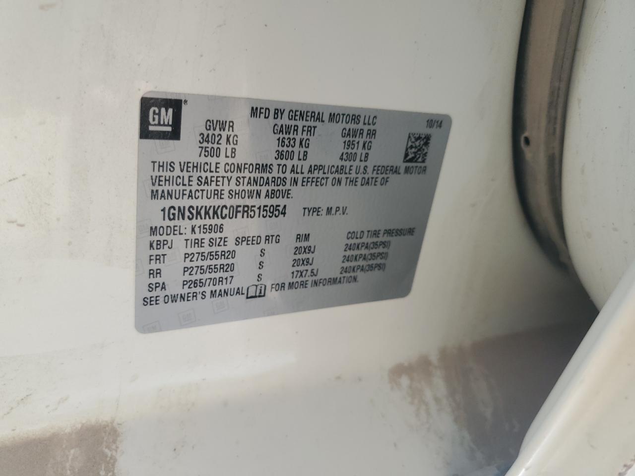 2015 Chevrolet Suburban K1500 Ltz VIN: 1GNSKKKC0FR515954 Lot: 64180895