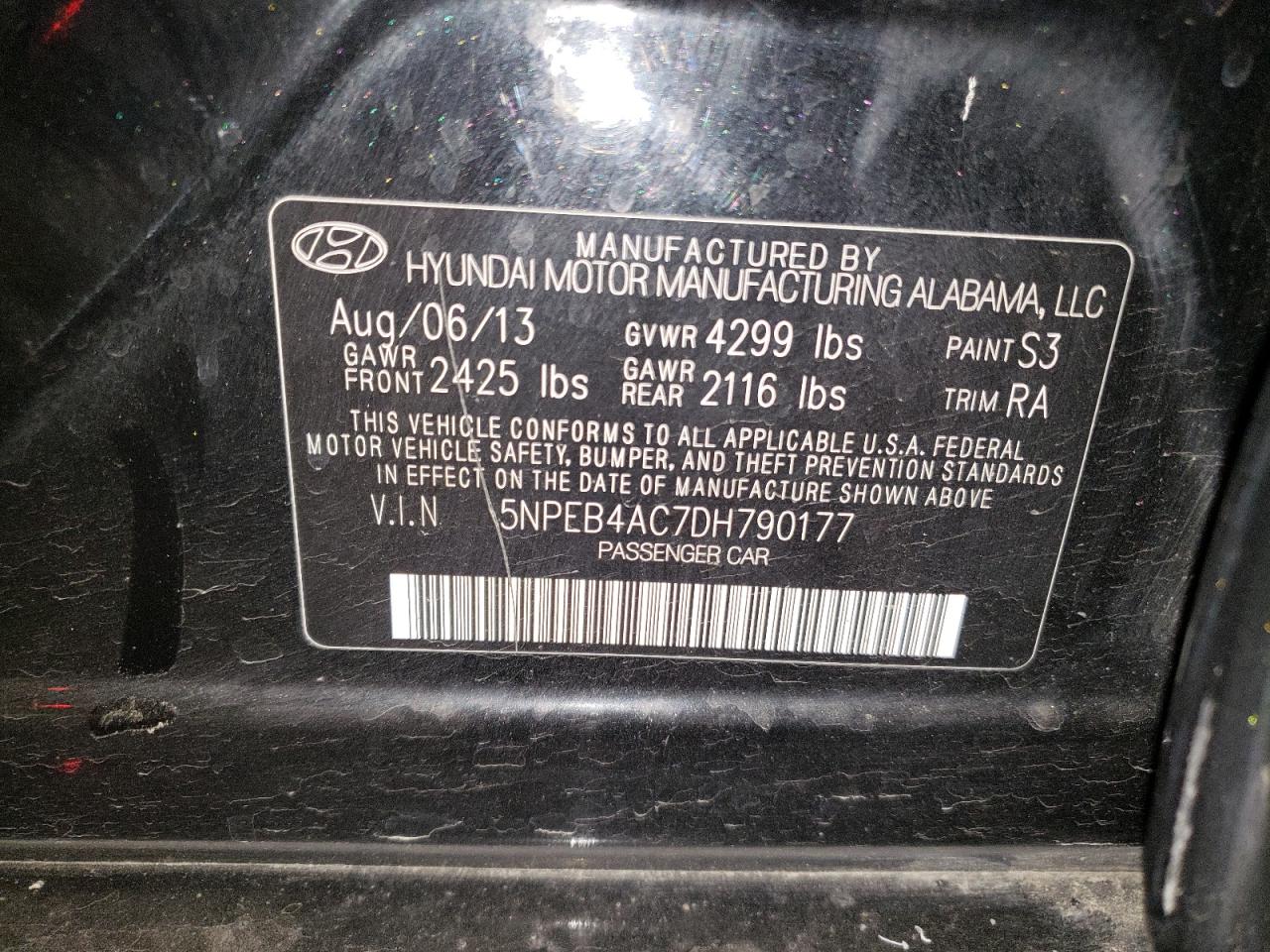 2013 Hyundai Sonata Gls VIN: 5NPEB4AC7DH790177 Lot: 63064255