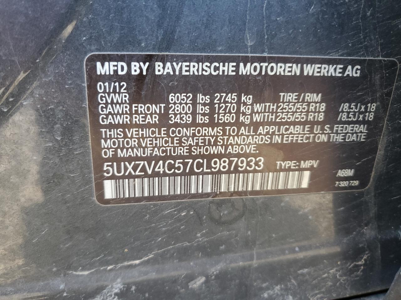 2012 BMW X5 xDrive35I VIN: 5UXZV4C57CL987933 Lot: 63698065