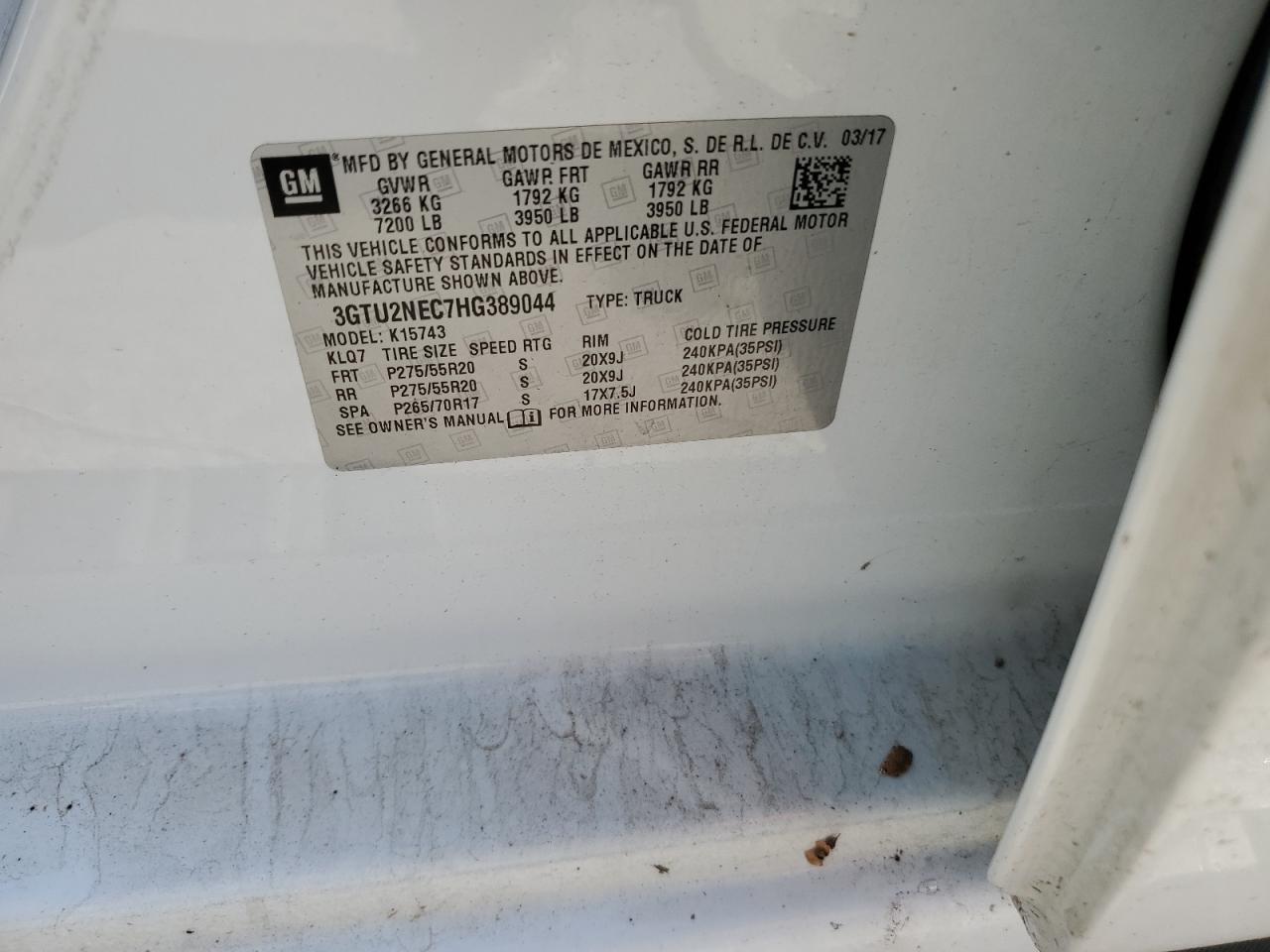 2017 GMC Sierra K1500 Slt VIN: 3GTU2NEC7HG389044 Lot: 64751435