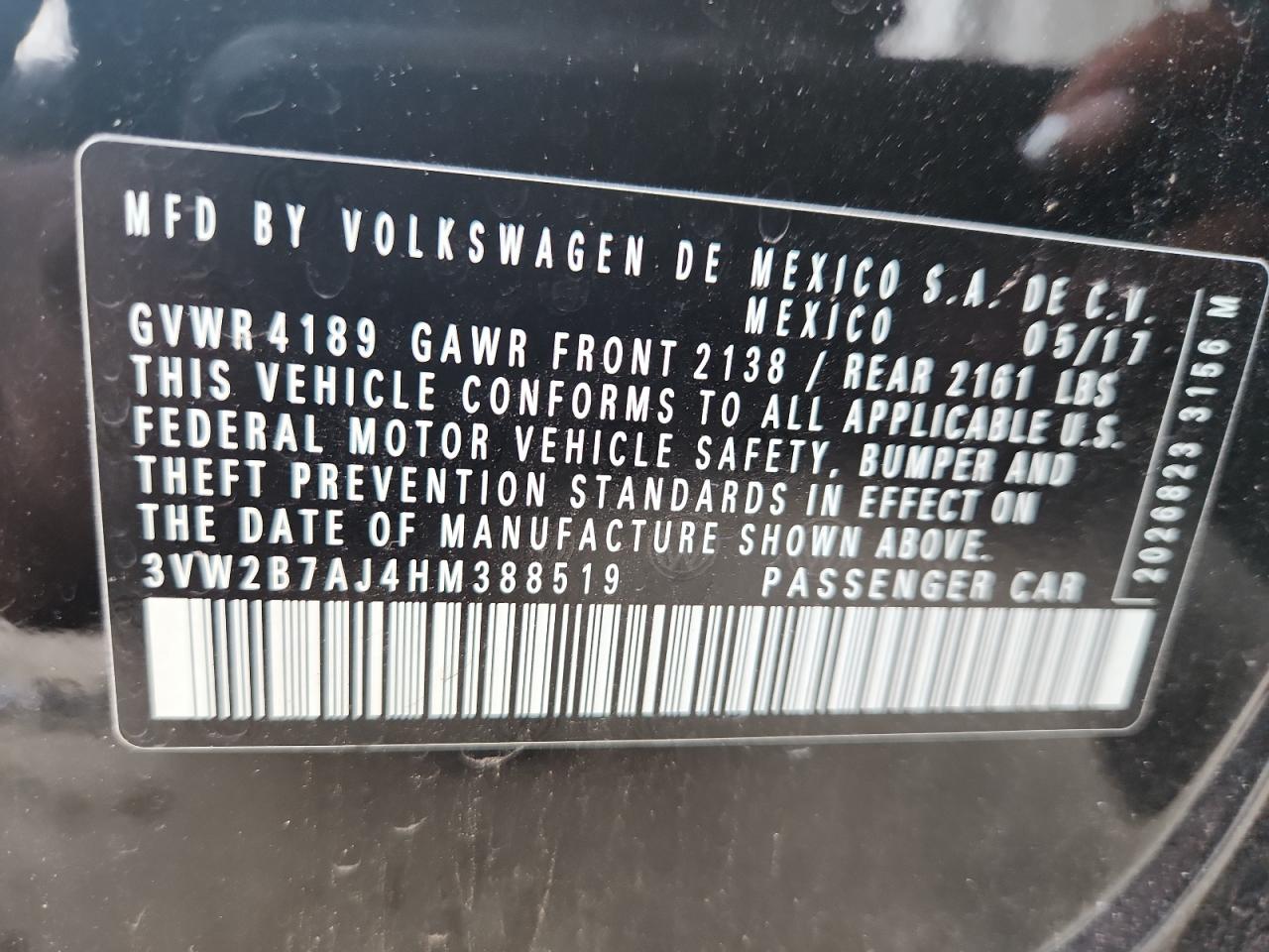 2017 Volkswagen Jetta S VIN: 3VW2B7AJ4HM388519 Lot: 63108095