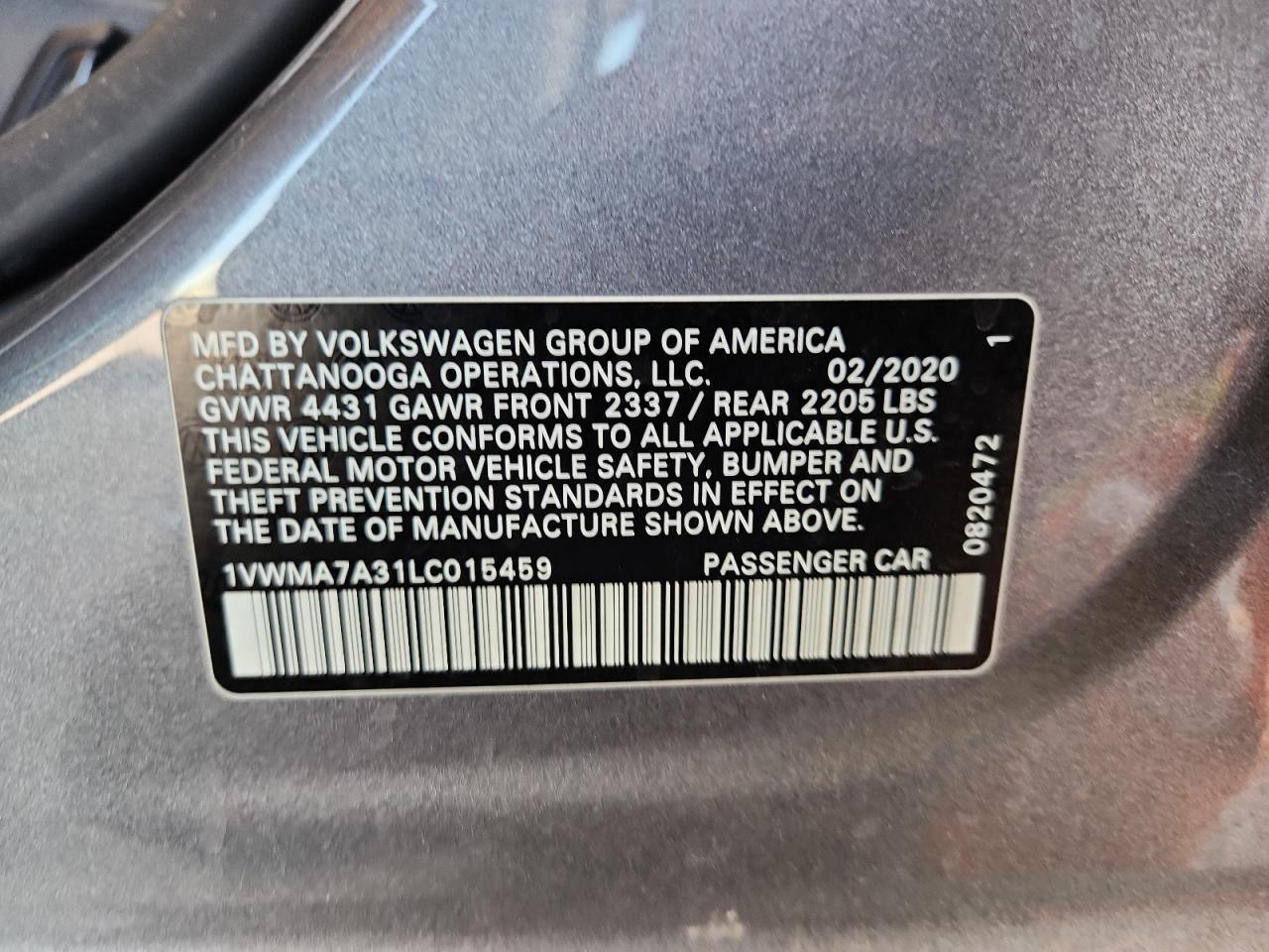2020 Volkswagen Passat R-Line VIN: 1VWMA7A31LC015459 Lot: 64027685