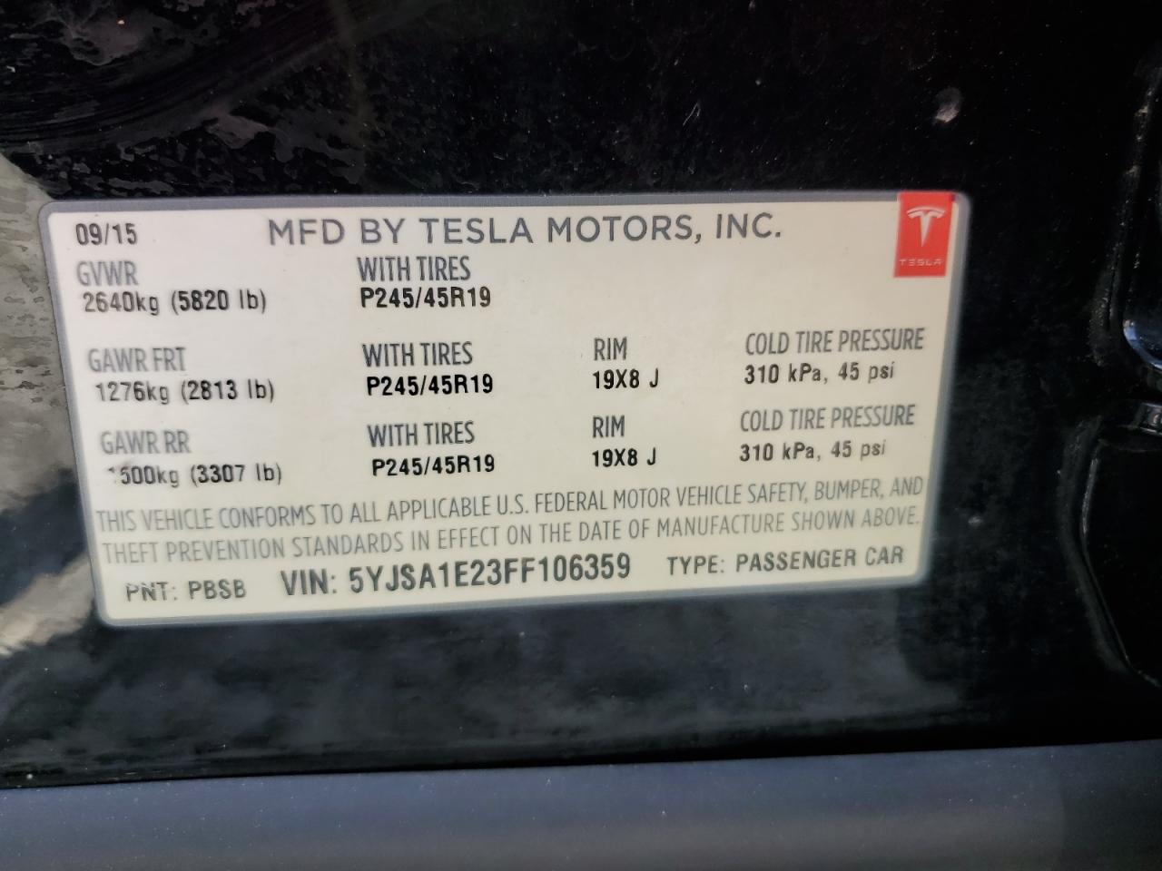 2015 Tesla Model S VIN: 5YJSA1E23FF106359 Lot: 61127705