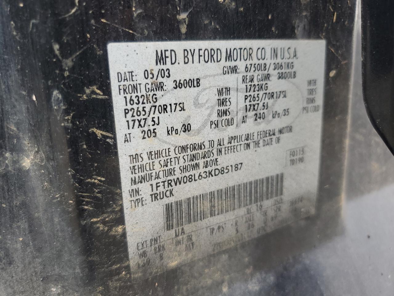 2003 Ford F150 Supercrew VIN: 1FTRW08L63KD85187 Lot: 63776115