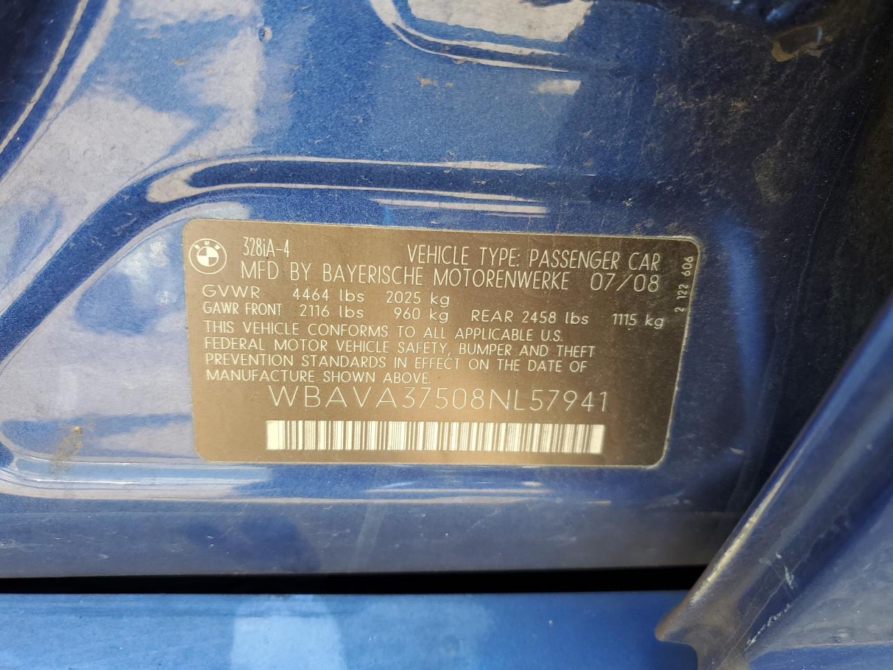 2008 BMW 328 I VIN: WBAVA37508NL57941 Lot: 63476875