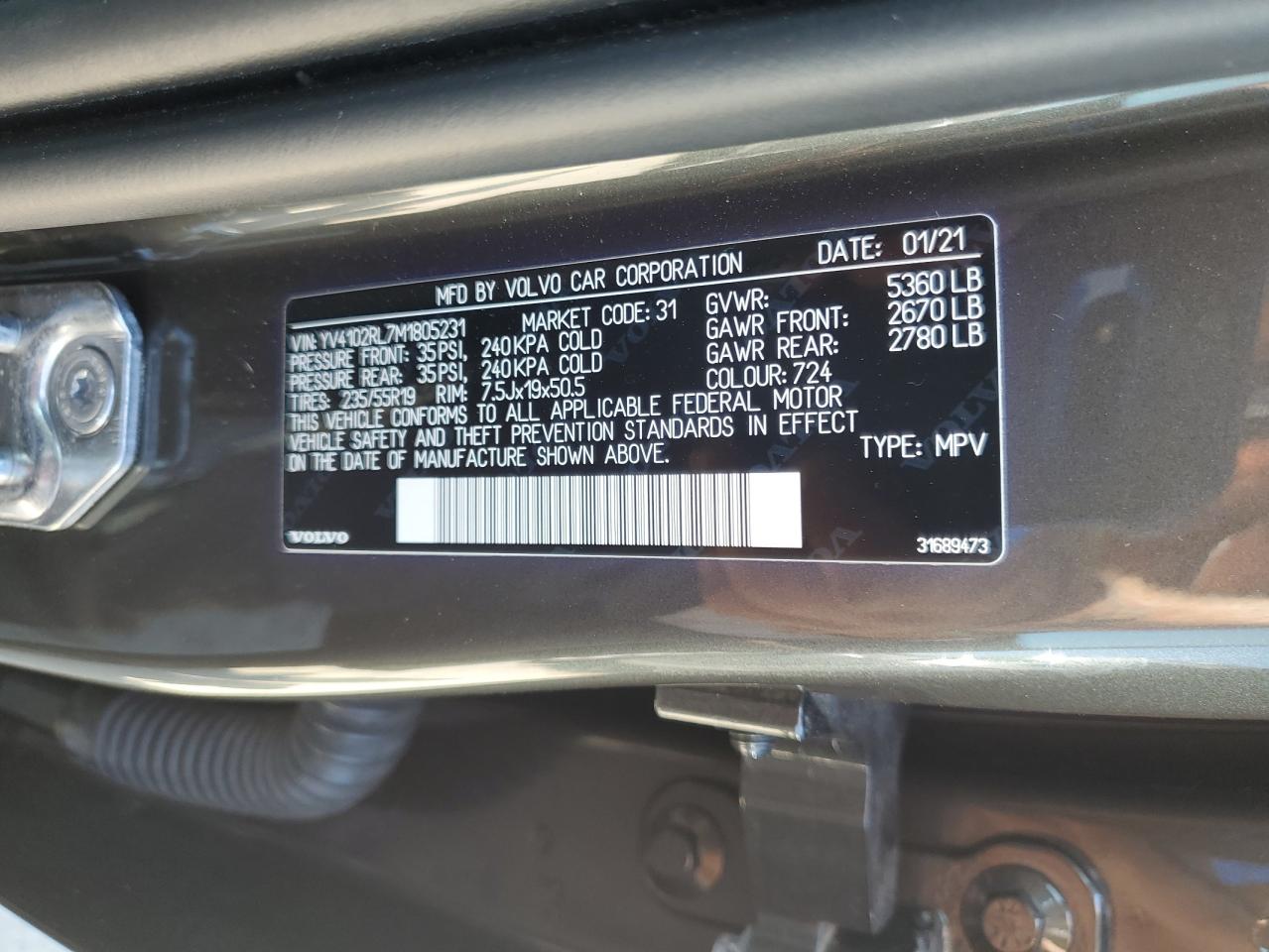 2021 Volvo Xc60 T5 Inscription VIN: YV4102RL7M1805231 Lot: 63287035