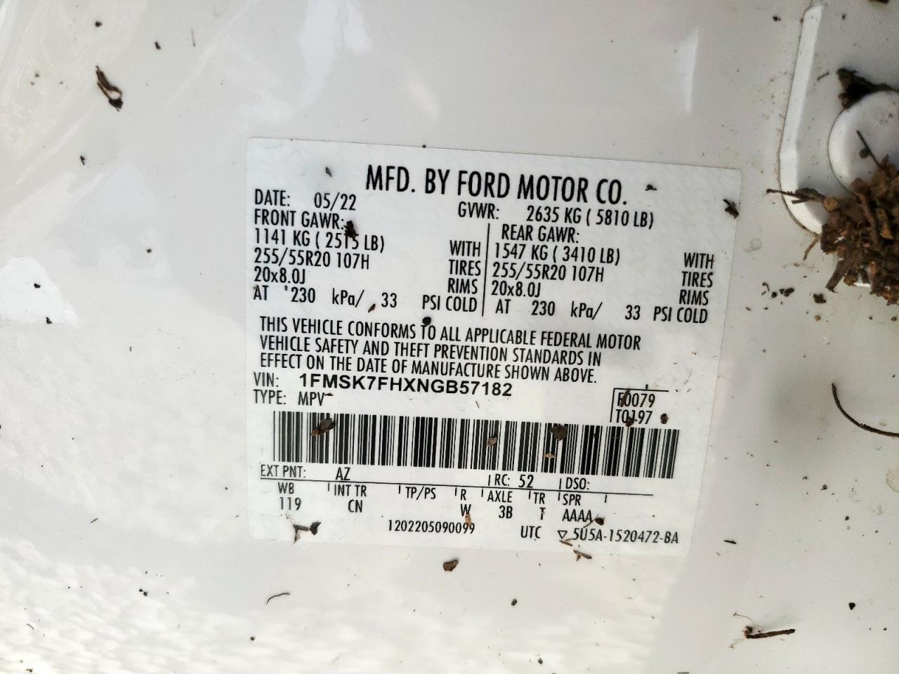 2022 Ford Explorer Limited VIN: 1FMSK7FHXNGB57182 Lot: 64223775