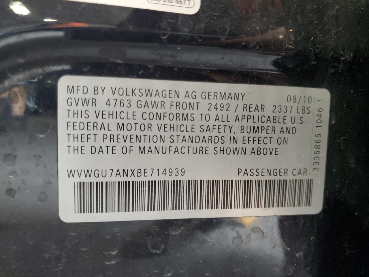 2011 Volkswagen Cc Vr6 4Motion VIN: WVWGU7ANXBE714939 Lot: 65174375