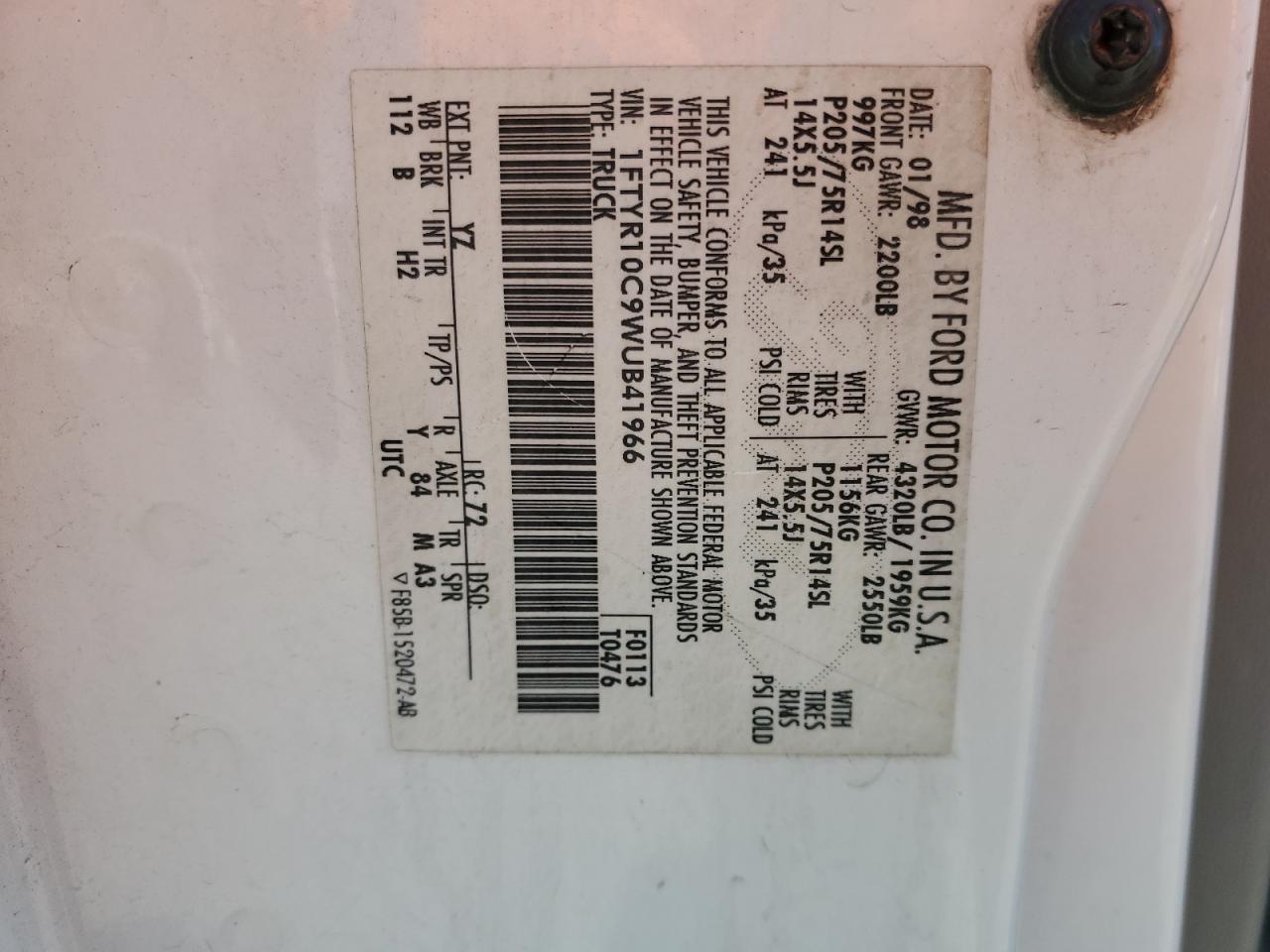 1998 Ford Ranger VIN: 1FTYR10C9WUB41966 Lot: 66886965