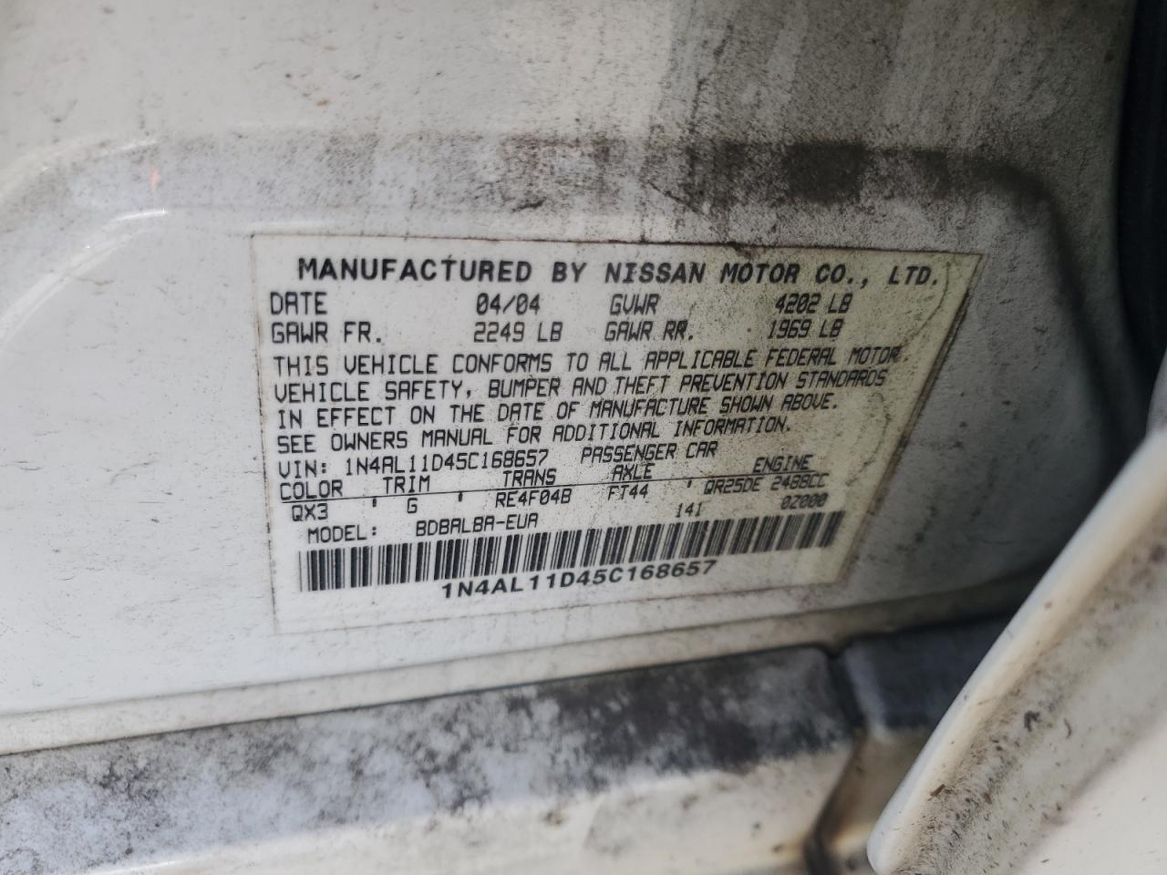 2005 Nissan Altima S VIN: 1N4AL11D45C168657 Lot: 63470725